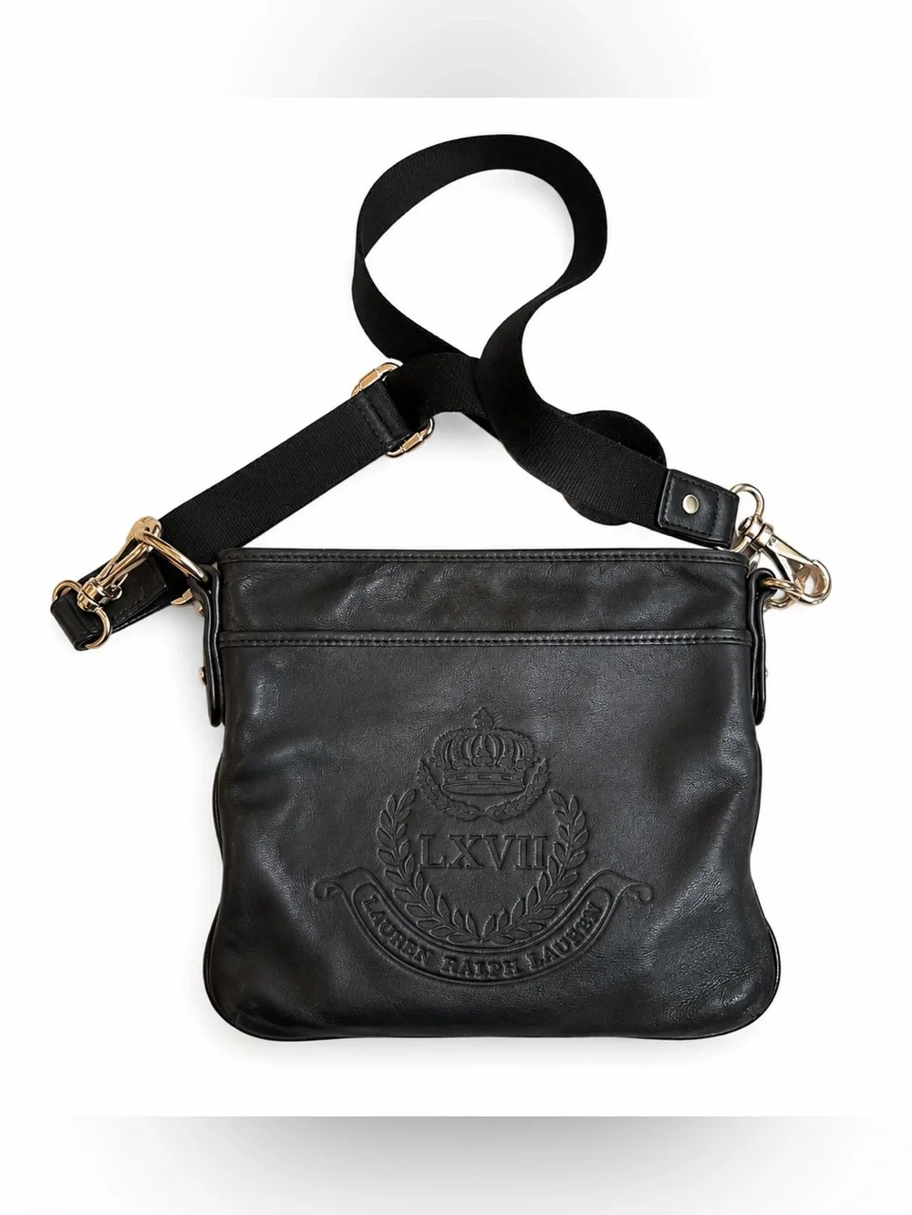Lauren Ralph Lauren LXVII Embossed Leather Messenger Crossbody Bag Black